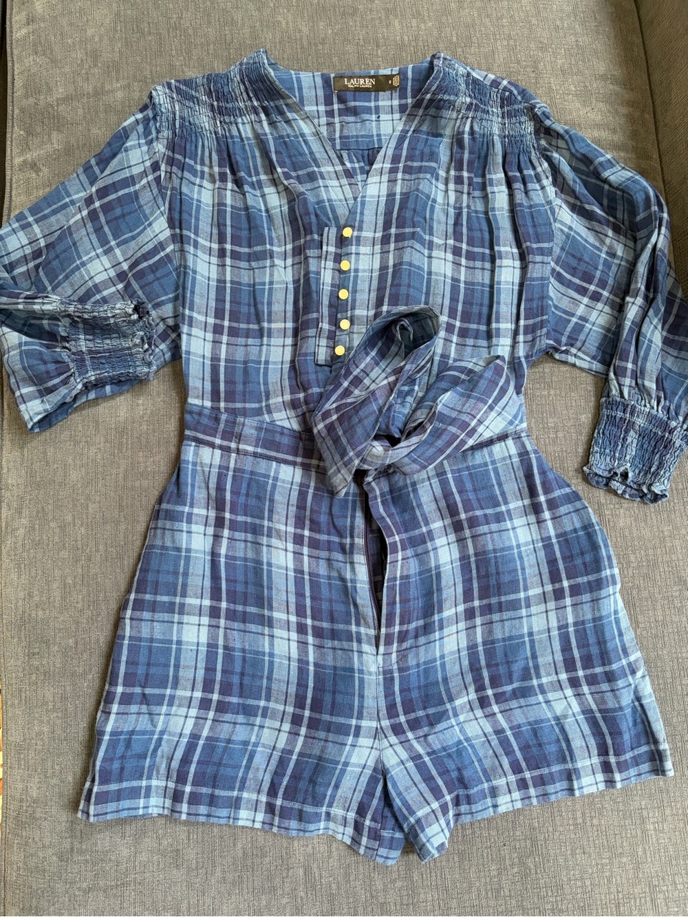 Lauren Ralph Lauren Navy & Light Blue Plaid Cotton Romper with Belt